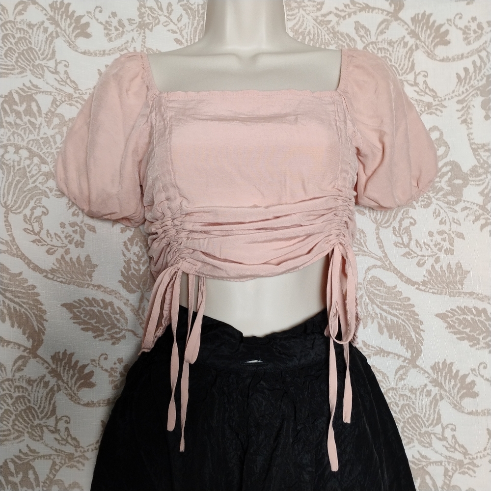 Shein Blush Pink Ruched Puff-Sleeve Peasant Top